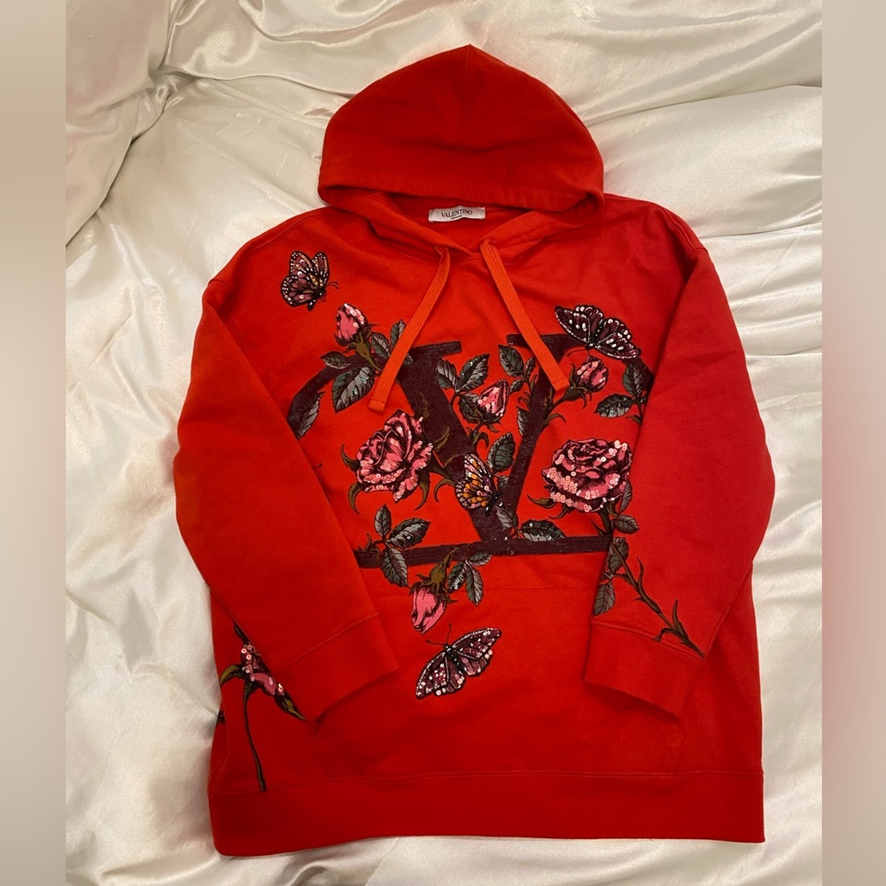 Valentino Red Floral Sequin Hoodie, Size XS